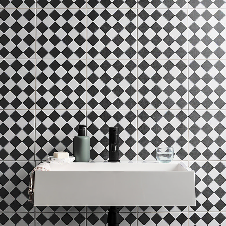 small black and white chequered bathroom wall tiles
