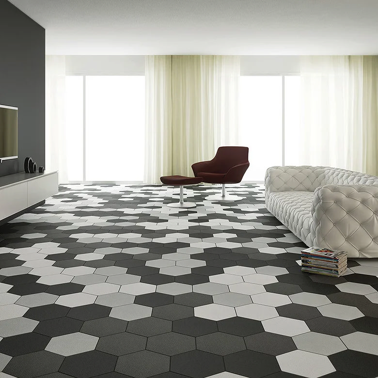 hexagonal black, white grey modern floor tiles