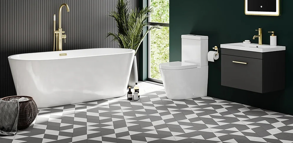 grey patterned Stonehouse Studio bathroom floor tiles