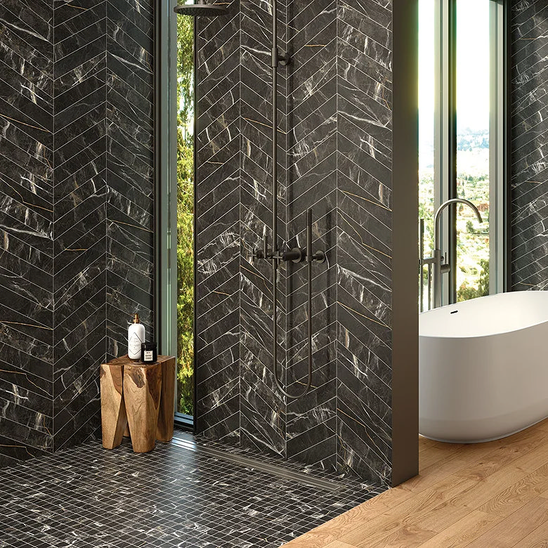 black marble effect shower tiles