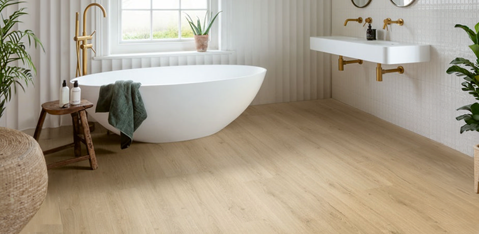wood effect luxury vinyl tiles on bathroom floor