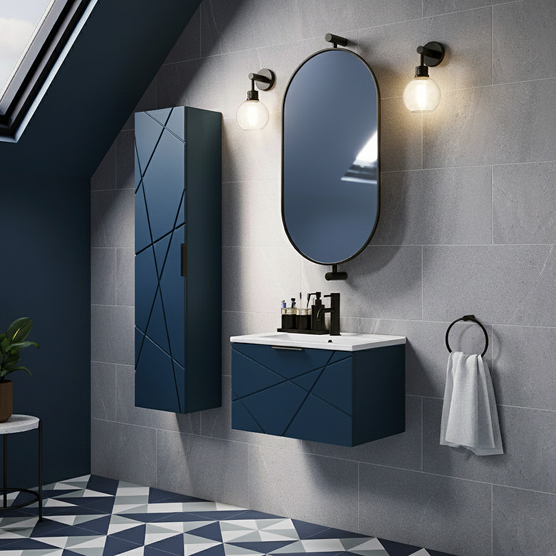 dark blue wall-hung modern basin and storage unit