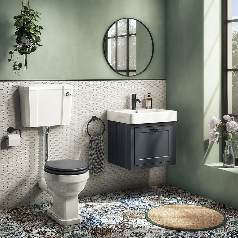 grey wall hung vanity unit in bright bathroom