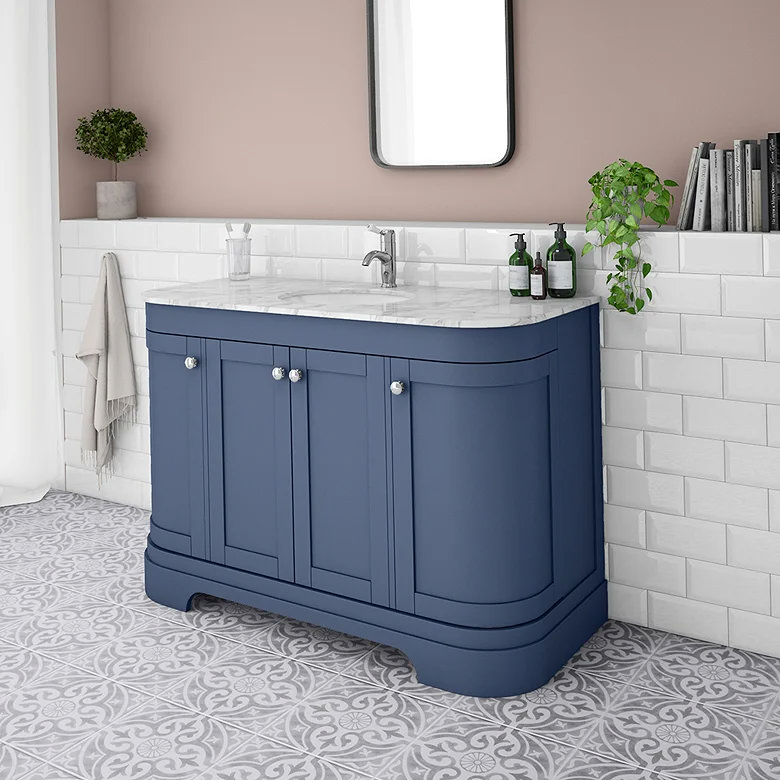 large blue freestanding vanity unit in traditional bathroom