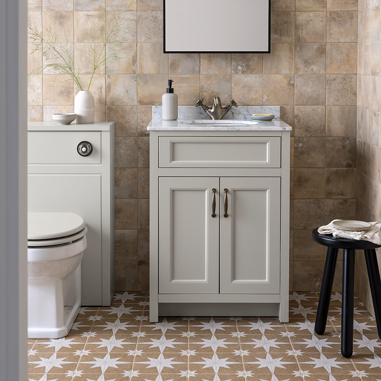 beige freestanding vanity unit in traditional bathroom