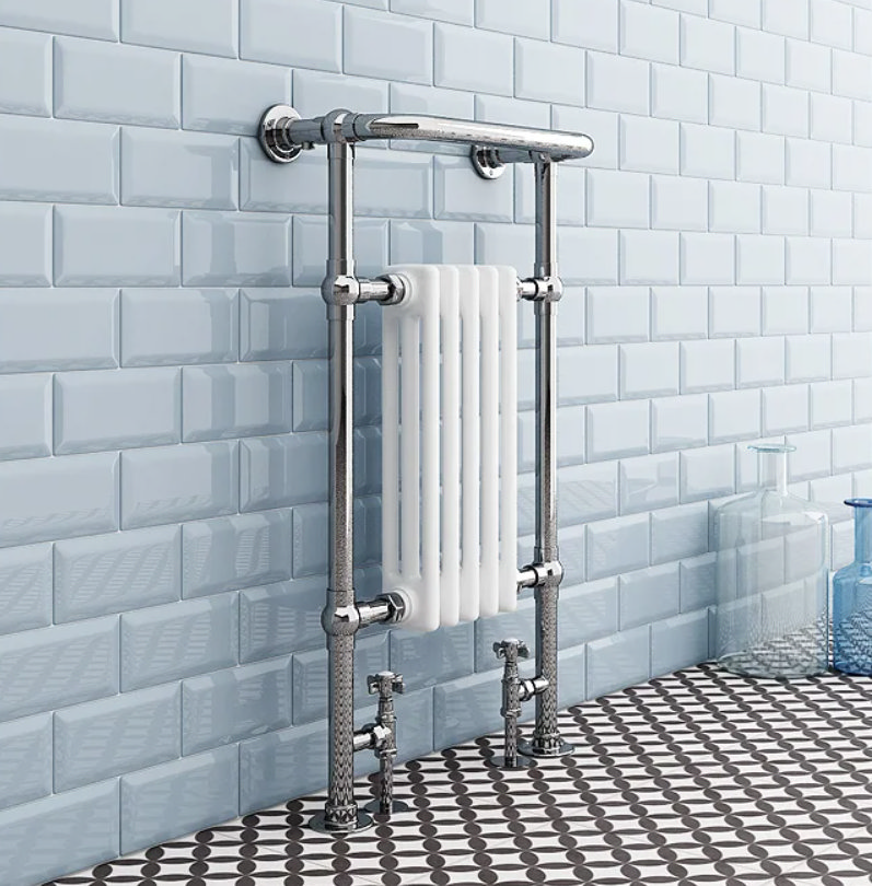 white heated towel rail with chrome pipes