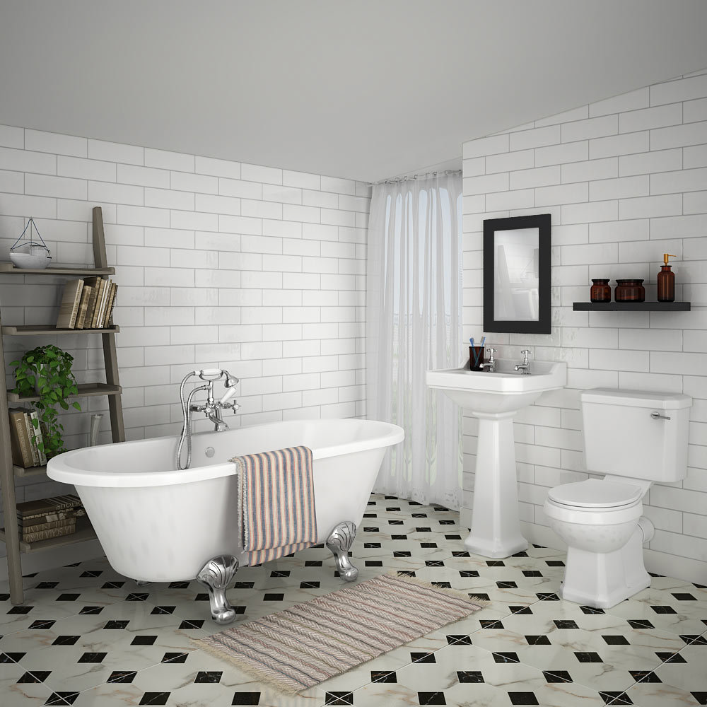 The Grosvenor white bathroom suite is a great example of a classic traditional space. Victorian floor tiles combined with white gloss metro tiles help to create the backdrop for that beautiful claw-footed freestanding bathtub.
