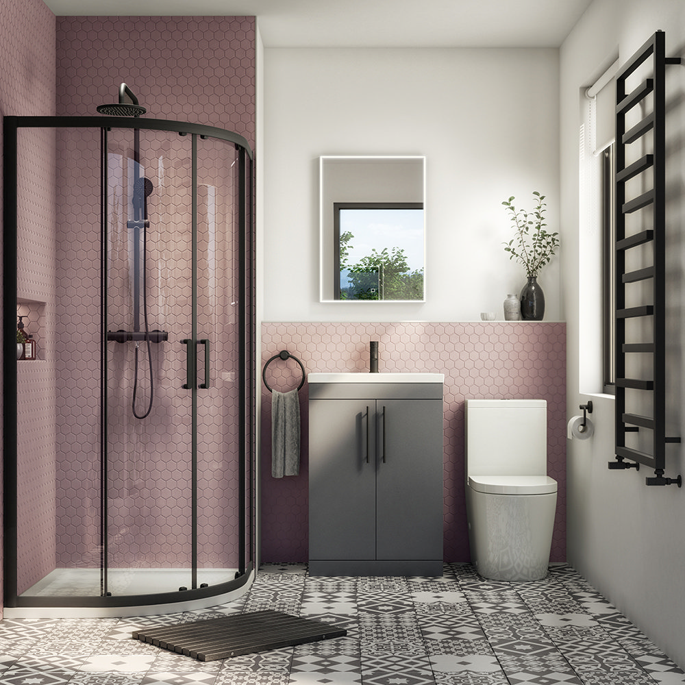 Arezzo Matt Black 900mm Quadrant Shower Suite with Matt Grey Vanity Unit + Modern Round Toilet | Toilet Size H: 780mm, W: 370mm, D: 620mm