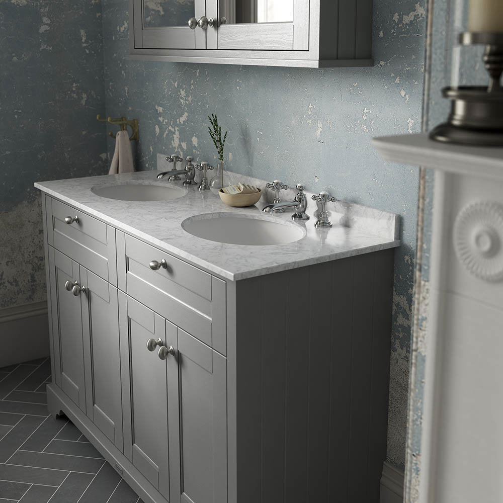 Old London 1200mm Cabinet & Double Bowl Grey Marble Top - Storm Grey | Traditional Bathroom Design Ideas