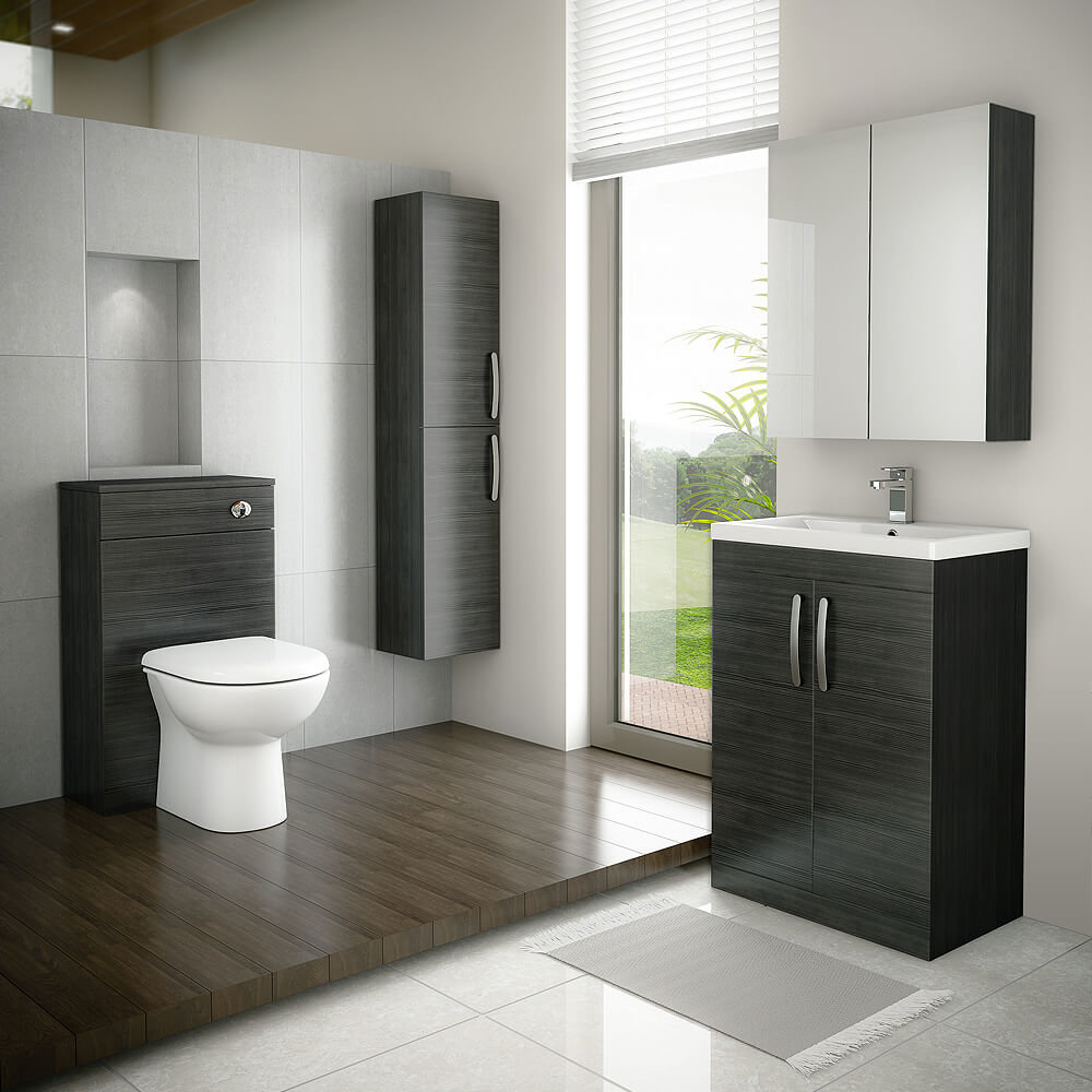 This stunning black bathroom design would make a statement in any home. This bathroom suite package from Victorian Plumbing includes a wall hung black bathroom cabinet, vanity unit, black mirrored cabinet and a black WC toilet unit.