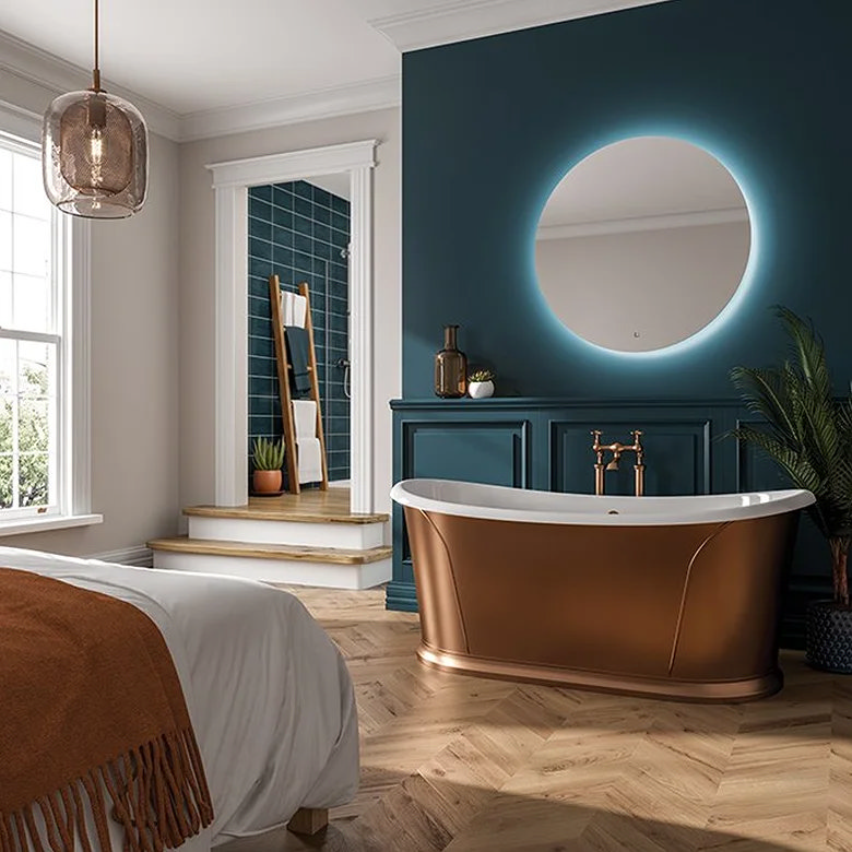 illuminated bathroom mirror above bath tub