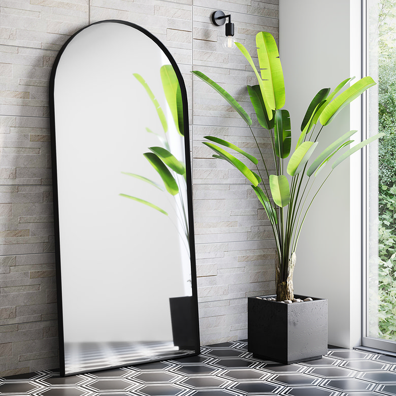 tall arched mirror in bathroom near plant