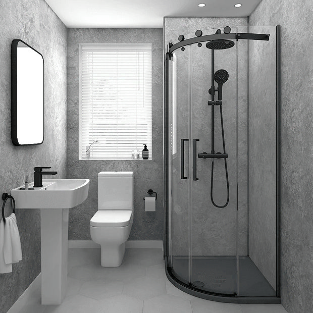 Grey bathroom wall panels with black shower and black mirror