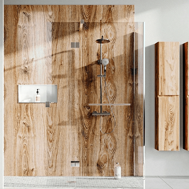Oak effect wall panels in walk in shower