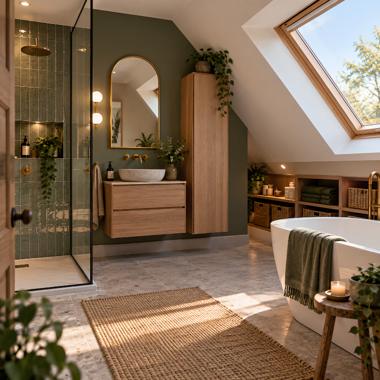 Loft bathroom with a walk-in shower, freestanding bath and fitted storage designed around a sloping ceiling