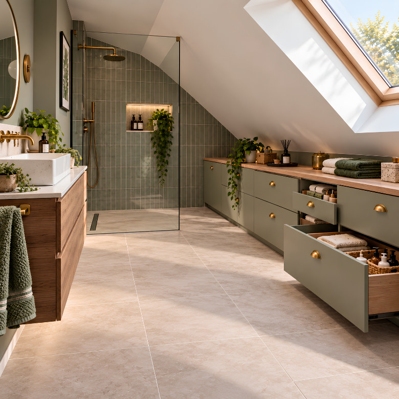 Loft bathroom with built-in drawers and cupboards fitted beneath the sloping eaves for practical bathroom storage