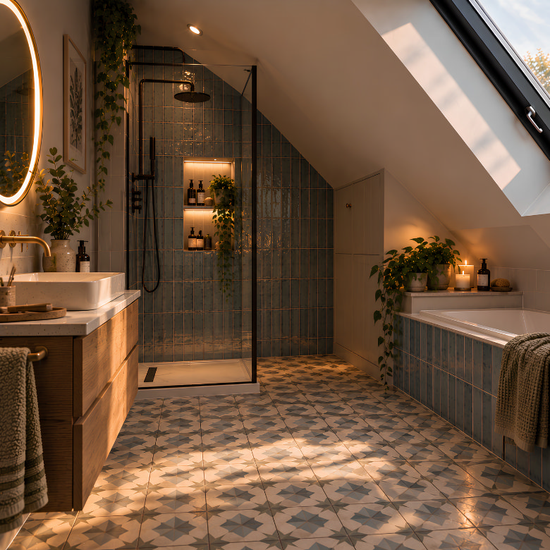 Loft bathroom with a walk-in shower, bath and fitted storage arranged beneath a sloping ceiling to maximise space