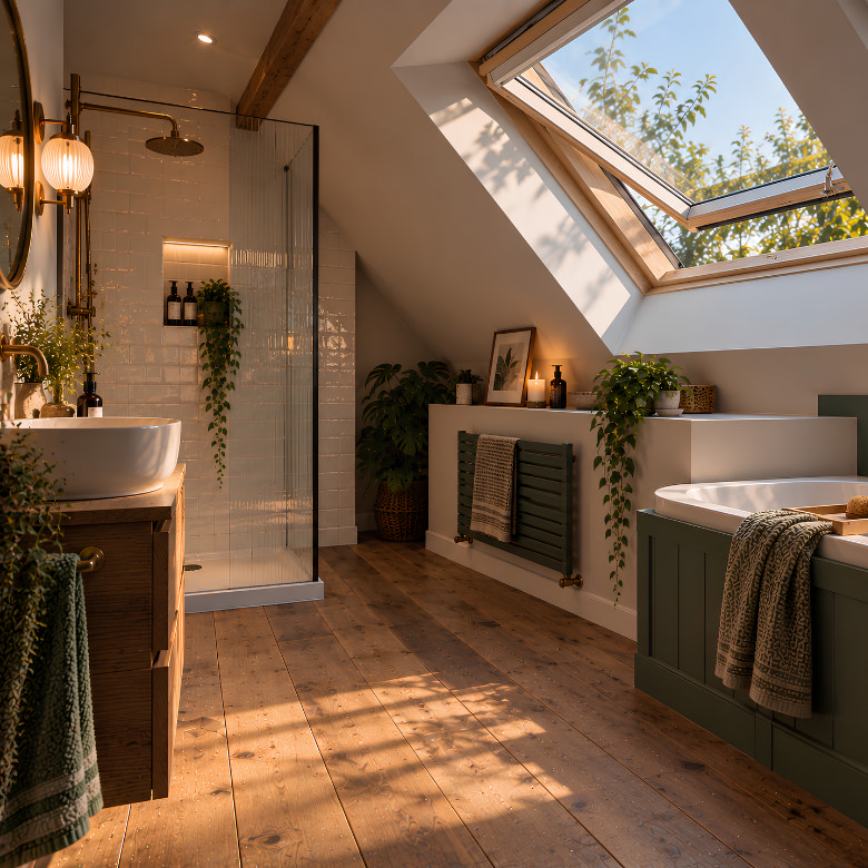 Loft bathroom with a wall-mounted heated towel rail positioned beneath a roof window to keep towels warm and dry