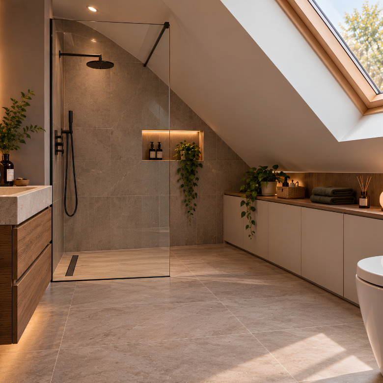 Loft bathroom with a walk-in shower and low storage units fitted beneath the sloping eaves to maximise space