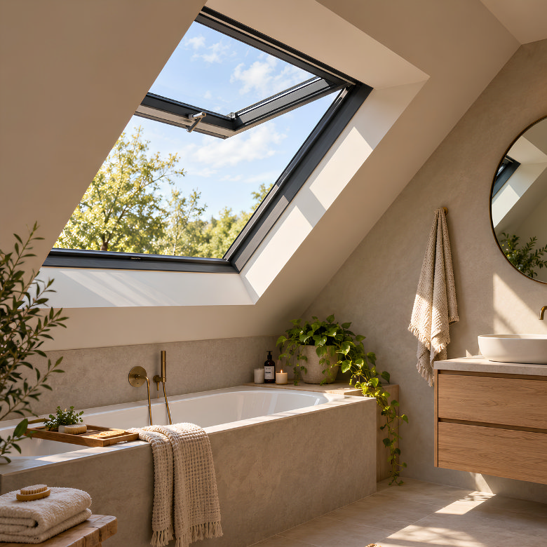Loft bathroom with a bath positioned beneath an open roof window to bring natural light and ventilation into the space