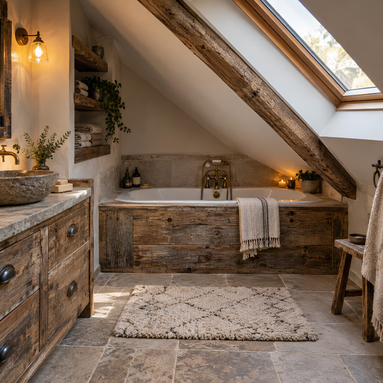 Loft bathroom with a bath fitted beneath low eaves to make practical use of space under a sloping ceiling