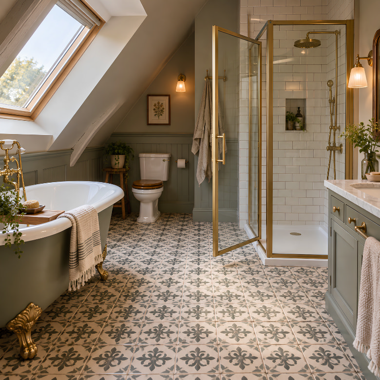 Loft bathroom with a freestanding bath and shower arranged around a sloping ceiling to make practical use of the space