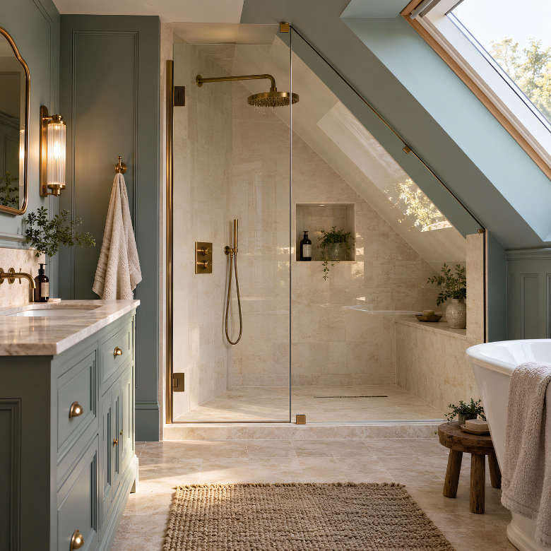Loft bathroom with a walk-in shower fitted beneath a sloping ceiling and roof window to maximise awkward space