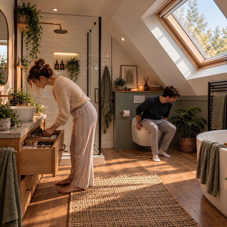Loft bathroom with a couple using the space, showing a practical layout with a walk-in shower, bath and storage