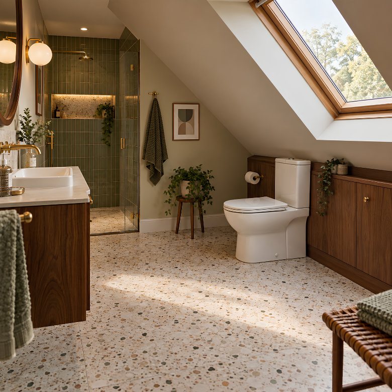 Loft bathroom with a toilet positioned beneath a sloping ceiling and fitted storage built into the low eaves