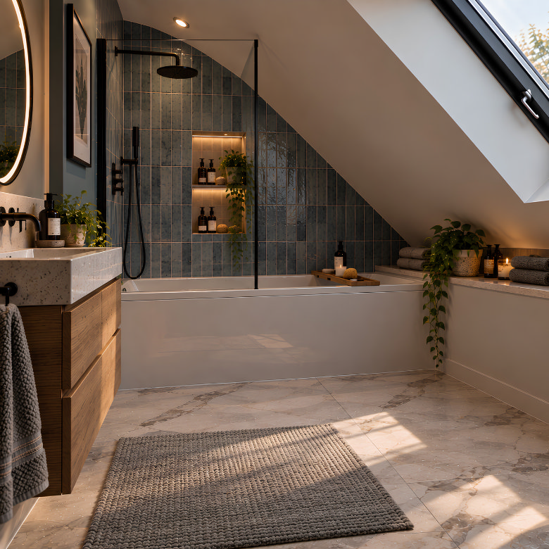 Loft bathroom with a bath and overhead shower positioned beneath a sloping ceiling to make practical use of the eaves
