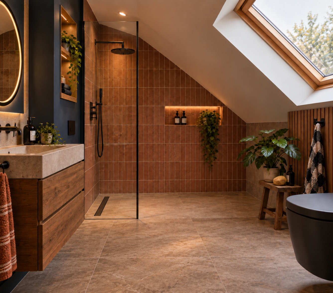Loft bathroom with a walk-in shower fitted beneath a sloping ceiling, using the eaves to maximise available space