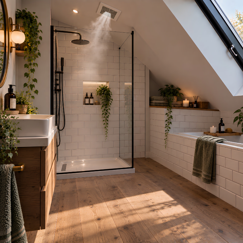 Loft bathroom with a walk-in shower, bath and ceiling extractor fan to help ventilate the space and manage moisture