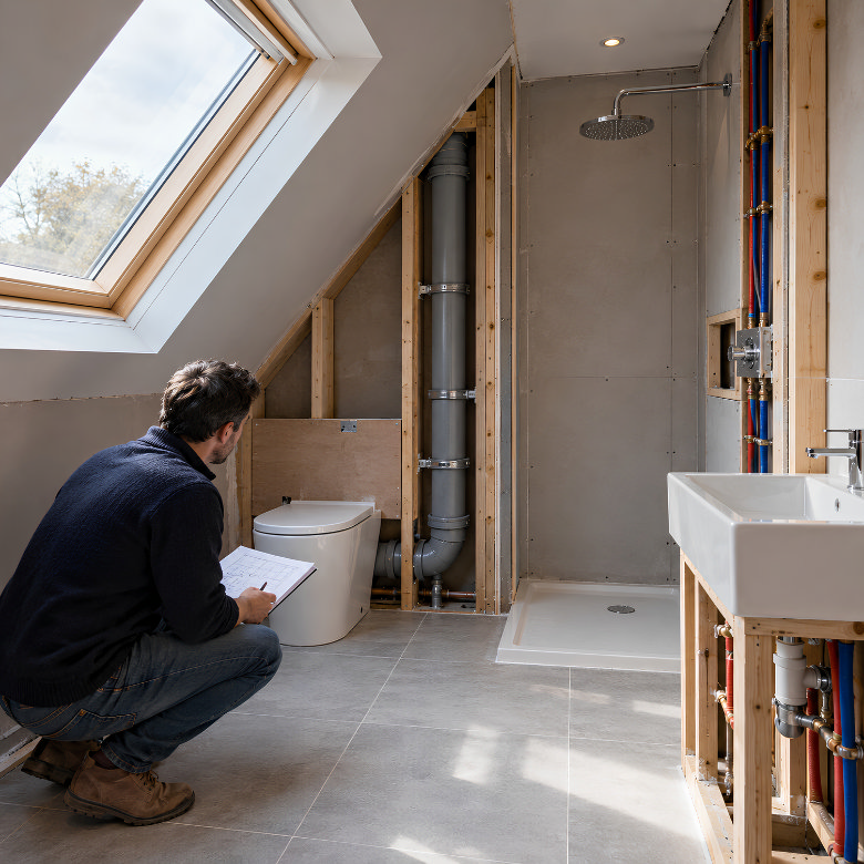 Planning plumbing and drainage for a loft conversion bathroom beneath a sloping roof and skylight