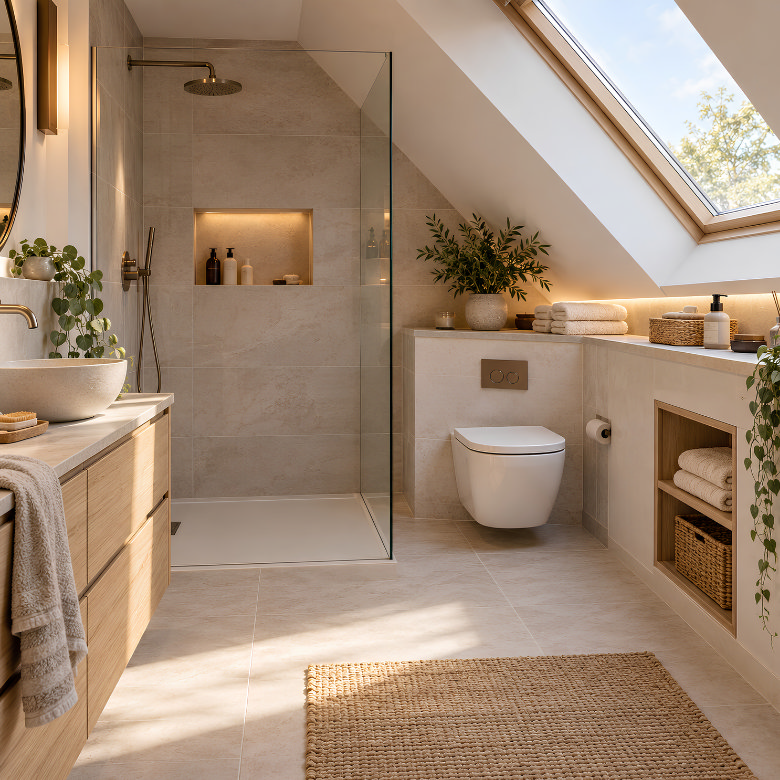 Loft bathroom with a walk-in shower, wall-hung toilet and built-in storage designed to make use of the sloping eaves