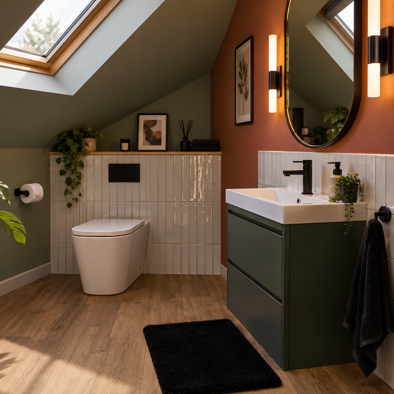 Small loft bathroom with a toilet and wall-mounted vanity fitted beneath a sloping ceiling and roof window