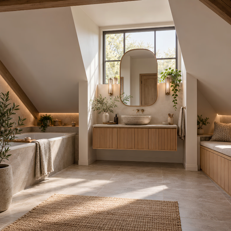 Loft bathroom with a dormer window creating extra headroom and space for a vanity unit beneath the pitched roof