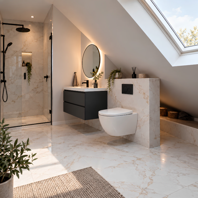 Wall-hung toilet and vanity unit in a loft bathroom, keeping floor space clear beneath a sloping ceiling
