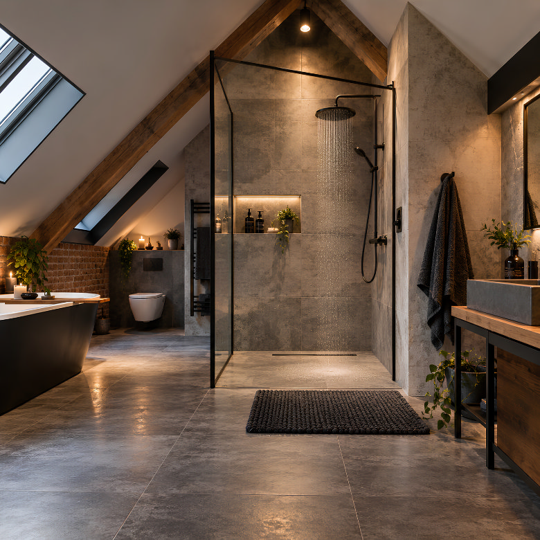 Loft bathroom with a walk-in shower positioned beneath the highest point of a pitched roof for maximum headroom