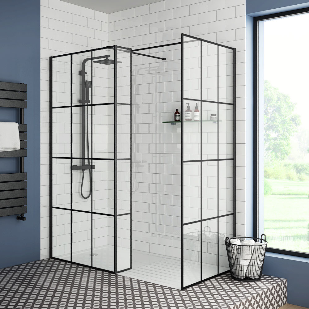 Arezzo 1950mm Matt Black Grid Wetroom Screen + Support Arm