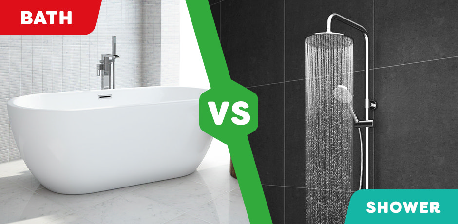Freestanding bath and rainfall shower side by side illustrating the bath vs shower comparison for a bathroom redesign