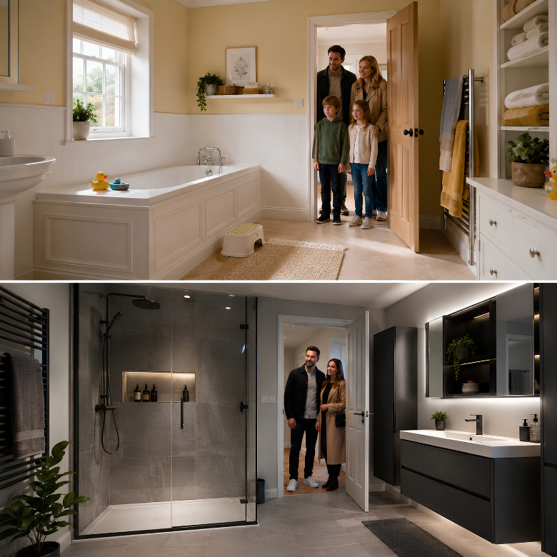 Family bathroom with a bath and modern bathroom with a walk-in shower, comparing how each option can affect a home’s resale appeal