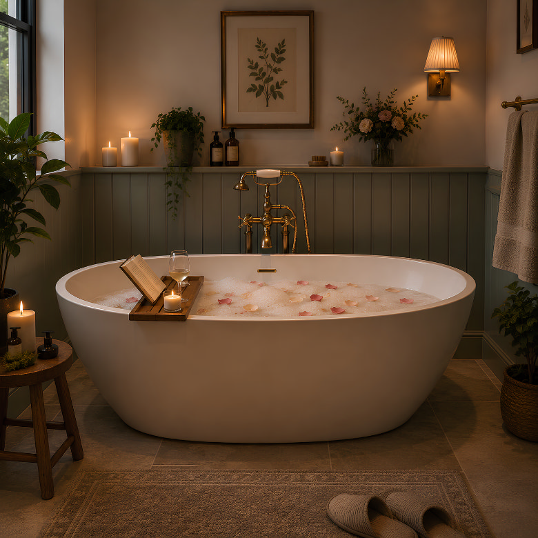 Freestanding bath filled with bubbles in a relaxing bathroom setting with candles and warm ambient lighting