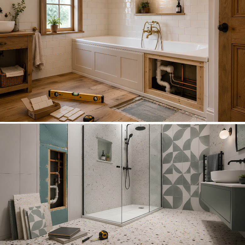 Bath and walk-in shower installations during renovation, comparing the work involved in fitting each bathroom option