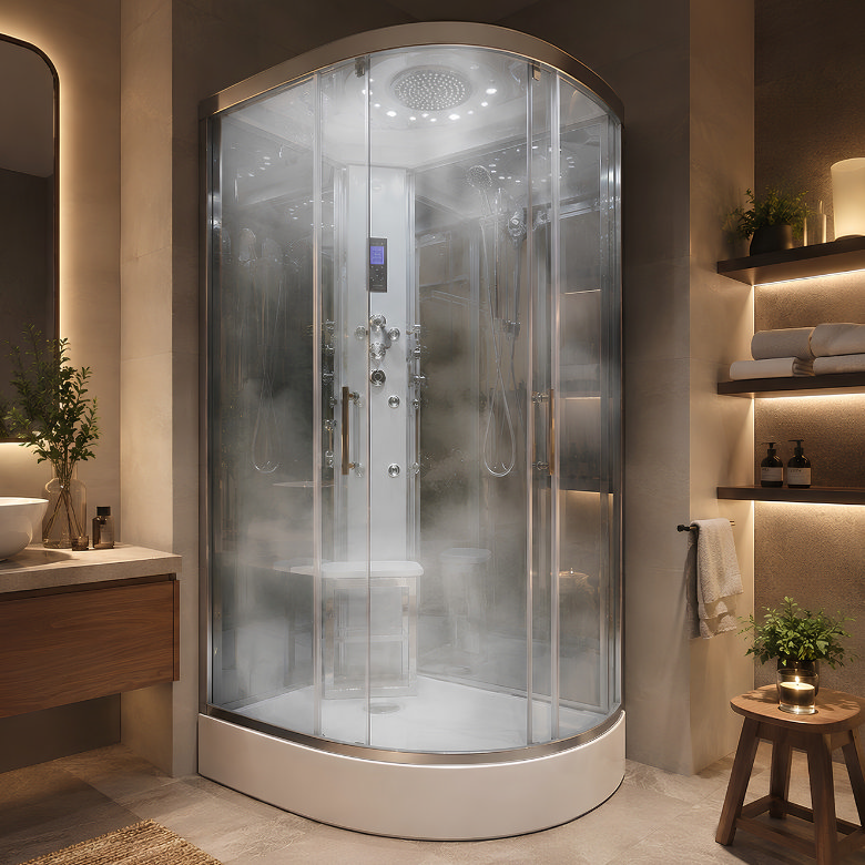 Luxury steam shower cabin with rainfall shower, body jets and enclosed glass doors for a spa-like shower experience
