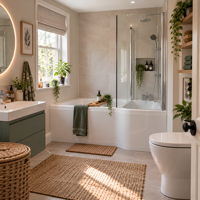 Shower bath with glass screen and overhead shower, combining bathing and showering in one space-saving bathroom design