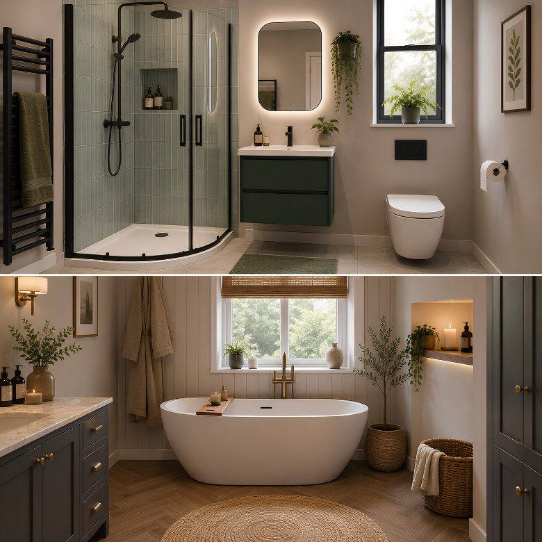 Modern bathroom with a corner shower enclosure and freestanding bath, comparing bath and shower options for different spaces