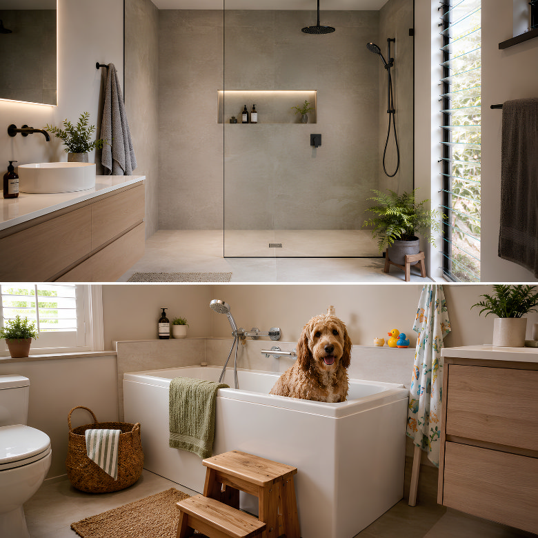 Walk-in shower and family bath with a dog, comparing practical bath and shower options for different household needs