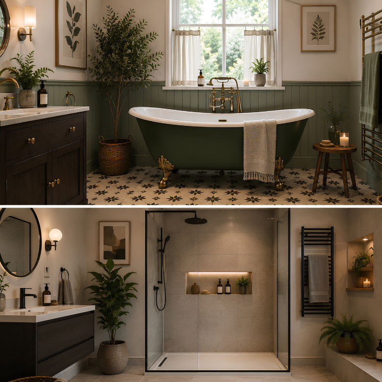 Bathroom comparison showing a traditional freestanding bath and a modern walk-in shower for different bathing preferences