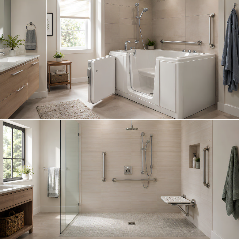 Accessible bathroom comparison showing a walk-in bath and level-access shower with grab rails and seating