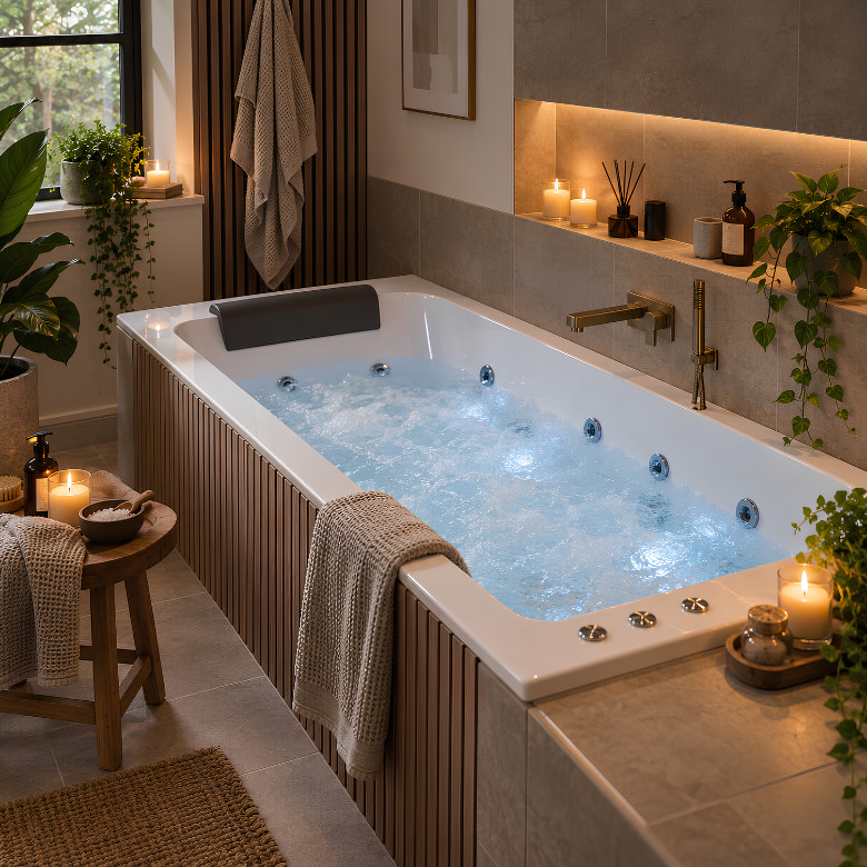 Whirlpool bath with massage jets, headrest and warm ambient lighting for a relaxing spa-style bathroom experience